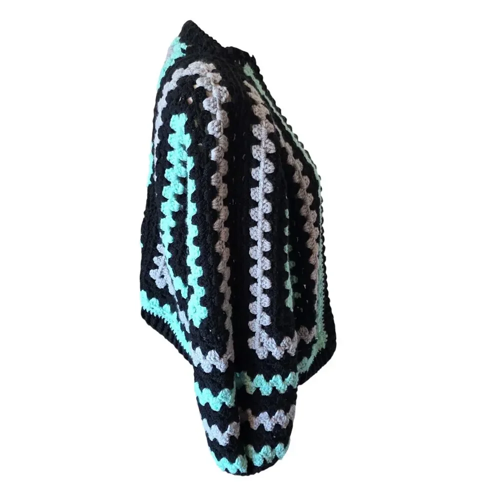Womens Hand Knit Crochet Cardigan Sweater Size Small / Medium Black White Aqua